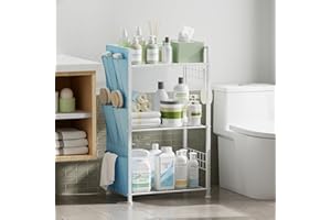CADUKE Bathroom Storage Unit with Side Storage Bag and Hooks, 3 Tier Freestanding Bathroom Organiser, Small Laundry Room Shelf for Bottles, Brushes, White Shelving Unit for Laundry, Kitchen, Living Room