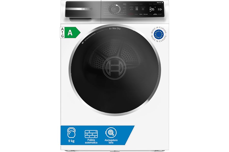Bosch WRB247C0IT Series 8 Smart Heat Pump Dryer, 9 kg, Energy Class A, Self-Cleaning Capacitor, Intelligent Drying Sensors, Reduces Wrinkles, White, 60 cm