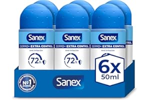 Sanex Dermo+ Extra Control Desodorante Antitranspirante Roll-On 72 Horas 6x50 ml– protección efectiva contra el sudor y el mal olor – dermatológicamente testado– contiene 0% alcohol*