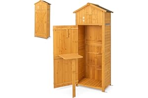 TANGZON 6FT Wooden Garden Shed, Outdoor Storage Small Sheds with Upper Compartment, 3 Detachable Shelves, One-Piece Folding Table, Sloped Asphalt Roof & Lockable Door, Vertical Tool Storage Cabinet
