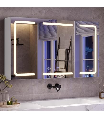 Armoire De Salle De Bain Avec Miroir LED Antibuée - 80x70 Cm, 3 Portes, Prise Intégrée, Distributeur De Papier - Rangement Élégant En Bois IVH - 10