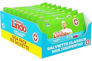Mastro Lindo Salviette Igienizzanti Multisuperficie, 192 Pezzi (8 x 24 Salviettine), Classico, Per Tutte le Superfici, Senza Risciaquo, Fresco Profumo di Pulito, Maxi Formato