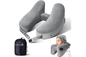 Sunany Poduszka na kark, nadmuchiwana poduszka podróżna wygodnie podpiera głowę, kark i podbródek, poduszka samolotowa z miękkim welurowym pokrowcem, przenośnym sznurkiem, maską na oczy 3D i