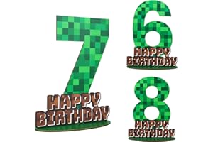 SAVITA Pixel Birthday Number Sign Centerpiece, Green and Brown Wooden Table Decor with Base Creative Pixel Theme Party Birthday Party Decorations (Number 7)