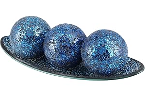 BIMUYI Mosaic Balls with GlassTray, Decorative Bowl and Balls Set, Centerpiece Orbs with Plate (Navy Blue)