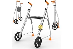 INDESmed - Andador Plegable con Asiento de Aluminio para ancianos, personas con movilidad reducida o rehabilitación. Ajuste preciso, Mango antitendinitis y antideslizante, 2 Ruedas (Naranja)