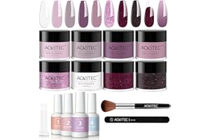 Aokitec 14Pcs Dipping Powder Kit 8 Couleurs Baiser Passionné, Noir Blanc Paillette Poudre Acrylique Liquide avec Couche Base Finition Activateur Pinceau, Nail Art Manucure DIY Salon Femme