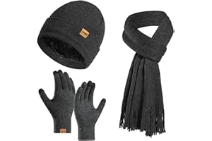 Enwokran Invierno Sombrero Bufanda Guantes Hombres Set 3 en 1,Beanie Bufanda Larga Lana Gorros Pantalla Táctil Mitones para Hombre Mujer Deportes al Aire Libre