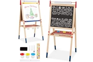 ‎COSTWAY COSTWAY 3 in 1 Kinder Staffelei, Kindertafel doppelseitig, Whiteboard & Kreidetafel & Zeichenpapier, Standtafel, Spieltafel, Holztafel, höhenverstellbar, inkl. Zubehör