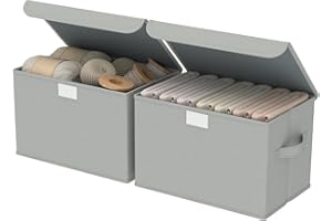 GUOHNHE Fabric Storage Bin with Lid, Closet Boxes with Cover, Collapsible Stackable Organizer Basket with 2 Handles, for Home and Bedroom, 2 Pack, Grey, 26 x 20 x 17 cm, XSNY12GS-2