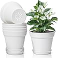 T4U 16CM Plastic Plant Pots 6-Pack, Medium Flower Planter with Drainage Hole and Saucer, Classic Indoor Outdoor White Plant Pots for Orchid, Peace Lily, Spider Plant, Snake Plant and All House Plants