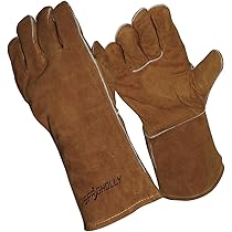 TXWLLIU Zweethandschoenen, uniseks, van hittebestendig en vuurvast leer, voor sticks, Mig Flux Core Welder, Forge, Blacksmith, open haard, houtkachel, vuurplaats, barbecuekachel, bruin