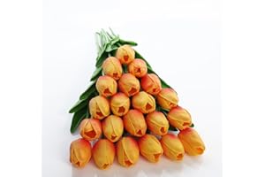 JUSTOYOU Mazzo da 20 tulipani artificiali in lattice dall’effetto realistico, fiori finti da bouquet per matrimonio, casa, giardino, decorazioni, arancione