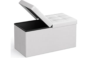 SONGMICS Puff Almancenaje, Banco Almacenaje, Banco con Tapa Plegable, Capacidad de 89 L, con Asiento Acolchado, 38 x 76 x 38 cm, Blanco LSF45WT