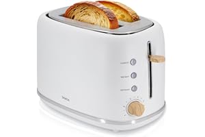 briebe Nordic Tostapane a Fessura Larga a 2 Fette, 6 Livelli di Tostatura, Pinze per Toast, Funzione Stop, Riscalda e Scongela, Vassoio Raccogli Briciole, Design Nordico, 870W, Bianco