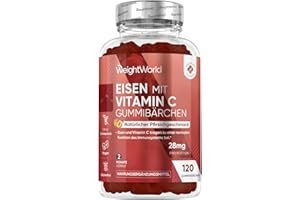 ‎WEIGHTWORLD Eisen & Vitamin C Gummibärchen - 2 Monate Vorrat - 28mg Iron & 10mg Vit C - 120 Gummies - Eisen & Vitamin C tragen zu einem normalen Energiestoffwechsel bei (EFSA) - Alternative zu Eisentabletten