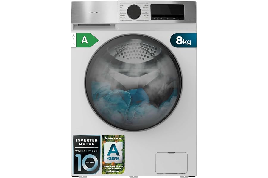 Cecotec Lavadora Carga Frontal 8Kg Bolero DressCode 8450 Inverter, 1400 rpm, 16 programas, Clase A-20%, Motor Inverter Plus, 
