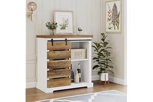 HOCSOK Kredens kuchenny do przechowywania z drzwiami przesuwnymi i regulowaną półką, drewniany, do jadalni, salonu, przedpokoju, biały i rustykalny brąz