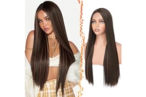 ‎BARSDAR BARSDAR Lange Gerade Braun Auburn Perücke, 71cm Lange Gerade Mittelscheitel Highlight Perücke für Damen Haarperücken Natürliche Aussehend Synthetische Haar Wigs Spitzenfront Perücken Party Cosplay