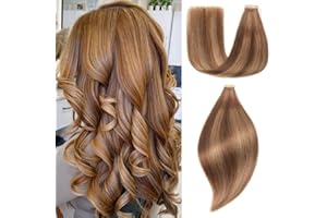 Einbeauty Extensiones Pelo Natural 20pcs Extensiones Adhesivas 35cm 40g Marrón chocolate con oro caramelo Extensiones Adhesivas Pelo Natural Extensiones De Cabello Natural Humano(14Pulgada,4/4/27#)