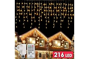 DIWUJI Łańcuch świetlny z 216 diodami LED, 5,5 m, sople lodu z wtyczką UE, 8 trybów świecenia, możliwość ściemniania, zasłona świetlna z pilotem zdalnego sterowania, dekoracja do wnętrz, na Boże Narodzenie,