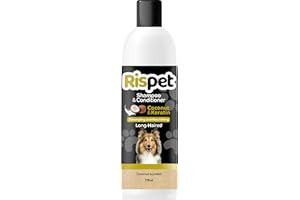 RISPET Shampoo und Spülung, Kokosnuss und Keratin, Reinigungs- und Desinfektionsmittel für Hunde und langhaarige Tiere, Zarte Formel ohne Allergene und ausgeglichener pH-Wert, Kokosnussduft, 370 ml