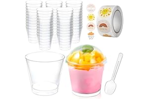 EULERYOO Juego de 50 Tazas de Postre con Cucharas, 7oz/210ml Copas de Postre，Mini Vasos de Postre Reutilizables con tapa, cuchara ，pegatina, para aperitivos servir para boda, cumpleaños, fiesta (Transparente)