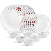 CELLO Scarlet Bliss Dazzle Series Opalware Dinner Set of 18 Pieces for Family of 6 | Bone-Ash Free & Leadfree Opal Glass, Microwave & Dishwasher Safe,