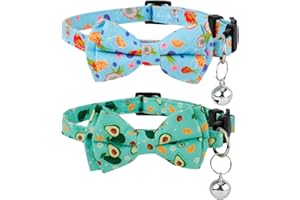 PEUTIER 2uds Collares de Verano para Gatos, Linda Fruta Collar para Gatos con Pajarita y Campana Ajustable Suave Collar de Pajarita para Gatos con Fruta de Dragón Patrón de Aguacate (Azul, Verde)