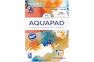 Clairefontaine 975720C Bloc Encollé Goldline Aquapad - 70 Feuilles Papier Aquarelle Blanc Grain Moyen Fin A5 14,8x21 cm 300g
