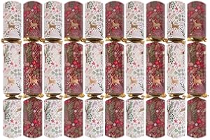 HARVEY & MASON Pack of 10 Burgundy Gold White Luxury Christmas Crackers - 14" Metallic Festive Reindeer Foliage Xmas Holiday Dinner Table Decorations - Novelty Fun Prizes Gifts Contains Hats Jokes