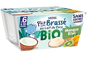 Nestlé Bébé - P'tit Brassé Bio Végétal Lait de Coco Mangue Kiwi - dès 6 Mois - 4 x 90g