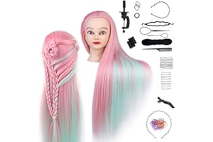 TwoWin Testina Parrucchiere con Capelli Sintetici - 28 Pollici /71 cm Manichino per Formazione Acconciature con Morsetto e Kit Extension (Rosa/Verde)