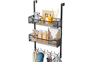 SWTYMIKI Over Door Hanger Hooks - Multi-Functional Coat Hanger with 16 Hooks & 2 Mesh Baskets, Door Hangers for Clothes, Bedroom, Living Room, Home Storage Organiser, Black
