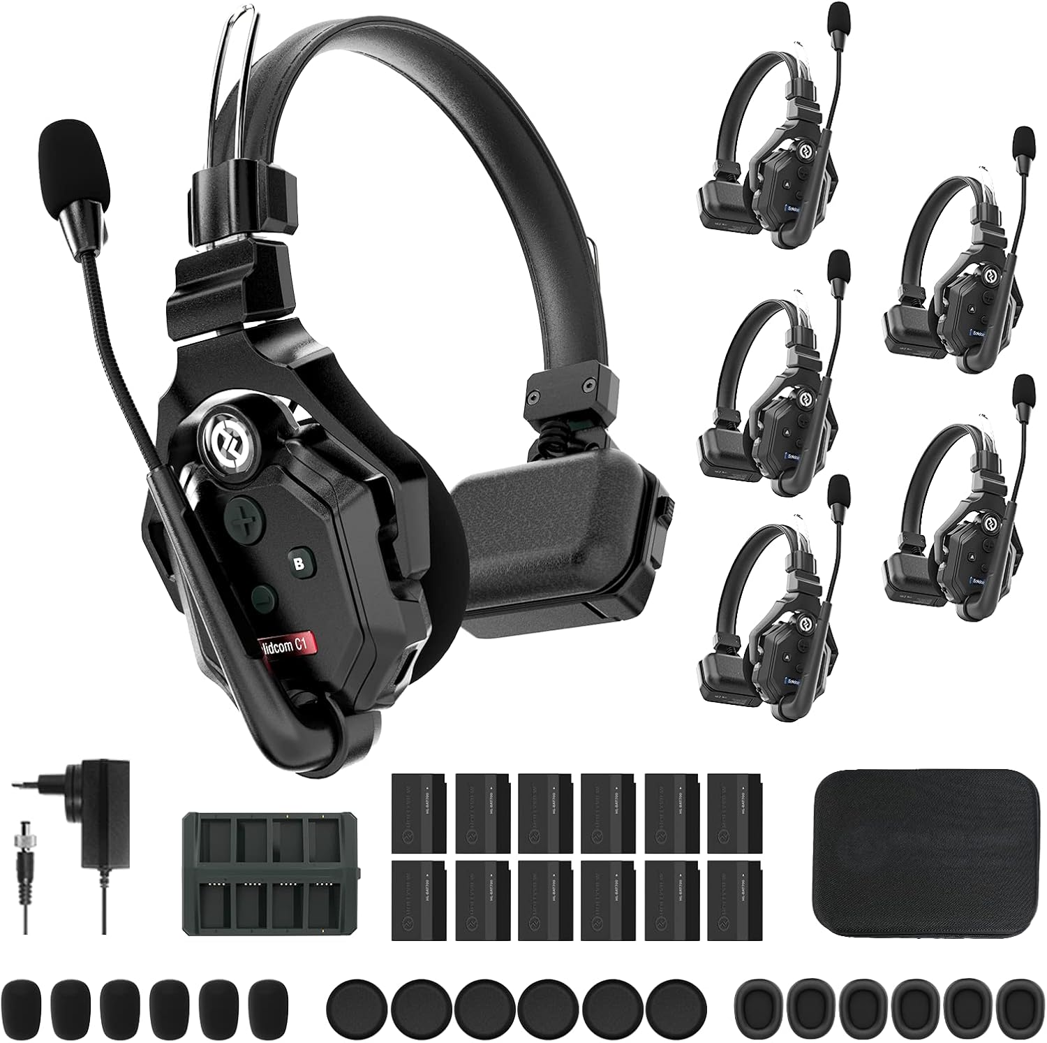 Hollyland Solidcom C1 - Auriculares de comunicación inalámbricos, Sistema de intercomunicación dúplex Completo 6 usuarios Alcance 350m comunicación de Equipo Auriculares con Oreja única con 1 Maestro