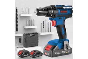 DYJPOW Trapano Avvitatore Batteria 21V, Avvitatore a Batteria con 2 Batterie da 2.0Ah, 42N.m di Coppia, 2 Velocità, 18+1 Coppia, 14 Accessori, Luce a LED, Per il fai da te, in Casa e Giardino, Blu