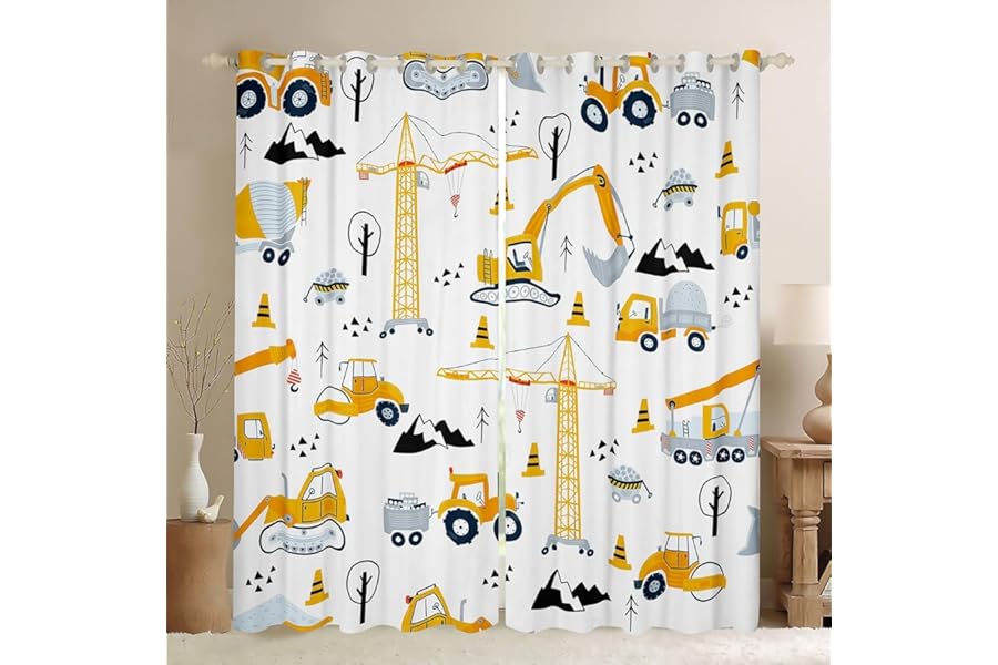 Homemissing Yellow Tractor Excavator Blackout Curtains(30%-50%) Cartoon Car Window Curtains for Kids Construction Car Window Dreapes Machinery Truck Window Treatments W46*L72