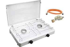 CFH Zweiflammkocher Capri ZK 421 – Camping Gaskocher 2-flammig mit 50 mbar Gasdruckregler & 80 cm Gasschlauch, 3,8 kW Leistung, 277 g/h Verbrauch, abnehmbarer Deckel & verchromter Rost, Made in Europe