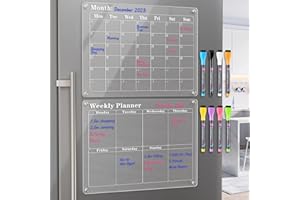 Langaelex 2x Magnetische Abwischbare Kalender 40x30cm Transparente Monats- und Wochenplanner aus Plexiglas für Kühlschrank inklusive 8x Magnetische Kreidemarker (Englisch)
