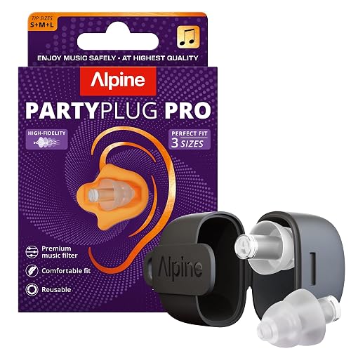 Alpine PartyPlug Pro Ear Protection Ear Plugs for Concerts, Festivals, Music, Party & Disco - 21 dB Hi-Fi Premium Noise Protection - Highest Music Quality, Professional Filter, 3 Sizes (S/M/L), Transparent