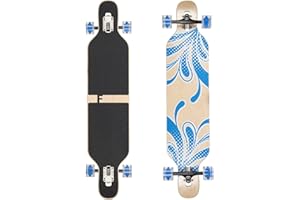 FUNTOMIA Flex2 Longboard Camber Longboard (Flex2 jusqu'à 84 kg, fleur bleue LED, bois d'érable)