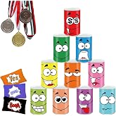 Ulifeme Outdoor Games Children Garden, Throwing Game, Punteria Toss Cans Game, 10pcs Smiling Metal Toss Tins + 3pcs Bean Bags