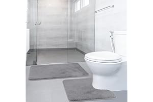 SOANNY 2 Piece Non-Slip Bath Mat Set, Luxury Thick Microfiber Shaggy Bathroom Rugs, 50 X 80 CM Soft Plush Shower Mat & 50 X 50 Toilet Pedestal Carpet, Machine Washable, Absorbent, Grey