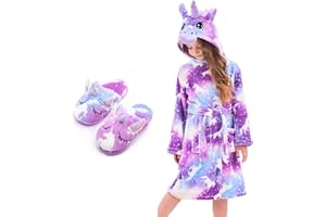 Piefry Unicorn Dressing Gowns for Girls Soft Hooded Robe Sleepwear with Unicorn Slippers, Unicorn Gifts for Girls