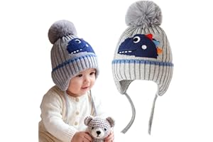 KASESSS Cálido Gorro Bebe Invierno, Dinosaurio Gorro Bebe Recien Nacido con Forro Polar, Linda Pompón Gorritos Bebé Recién Nacido con Orejeras y Cintas para Otoño Invierno