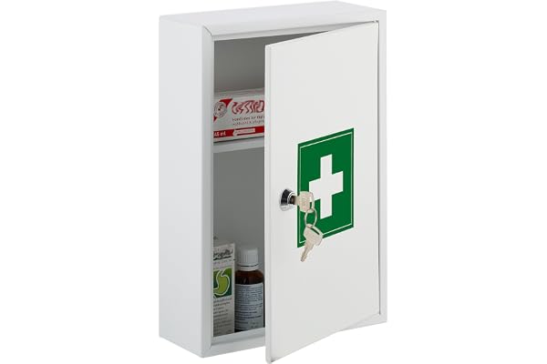 Relaxdays medicinskåp, låsbar, 2 fack, HxBxD: 32 x 21,5 x 9,5 cm, vit