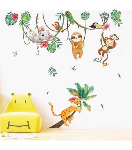 Adesivi Murali Animali Della Giungla - Decorazione Camera Bambini, 8 Fogli