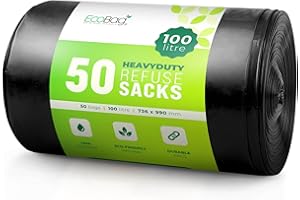 EcoBag - 50 Pack Extra Strong Heavy Duty Refuse Sacks (100L- 33 Microns), Recyclable Bin Bags, Leak Resistant, Eco-Friendly, Durable Waste Disposal Bags for Household & Commercial Use (736x990mm)