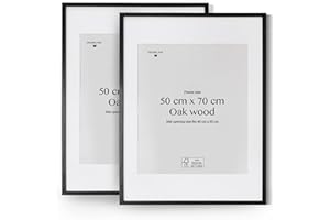 Framelane Set de 2 Marco Negro 50x70 de Roble Macizo Certificado FSC con Paspartú Blanco y Vidrio Acrílico Resistente a Arañazos y Roturas, Marco Poster 50x70 Vertical u Horizontal