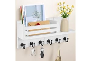 JF HOME BLISS Key Holder for Wall with 6 Hooks & Mail Shelf Rustic Wooden Key Rack Wall Mounted Entryway Organizer for Keys Mail Sunglasses for Hallway Kitchen Office Bedroom (White)